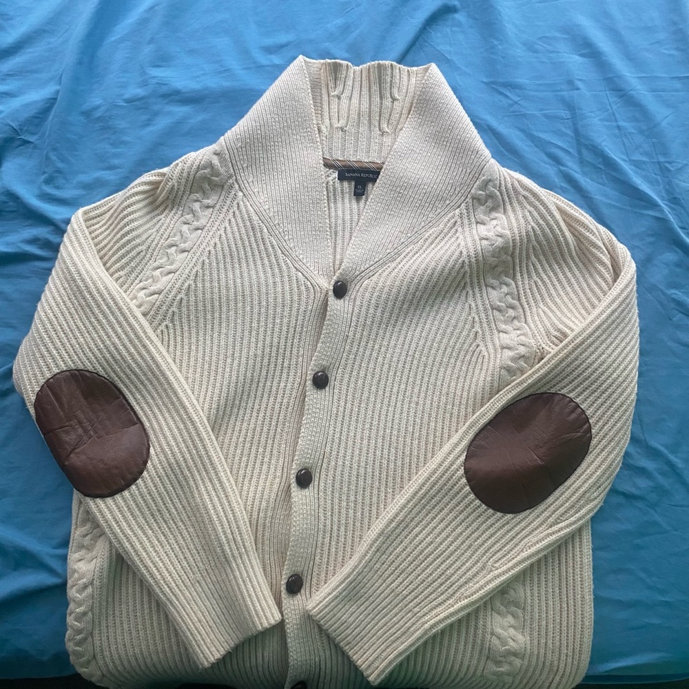 Banana Republic Cream Cardigan with Brown Elbow Patches